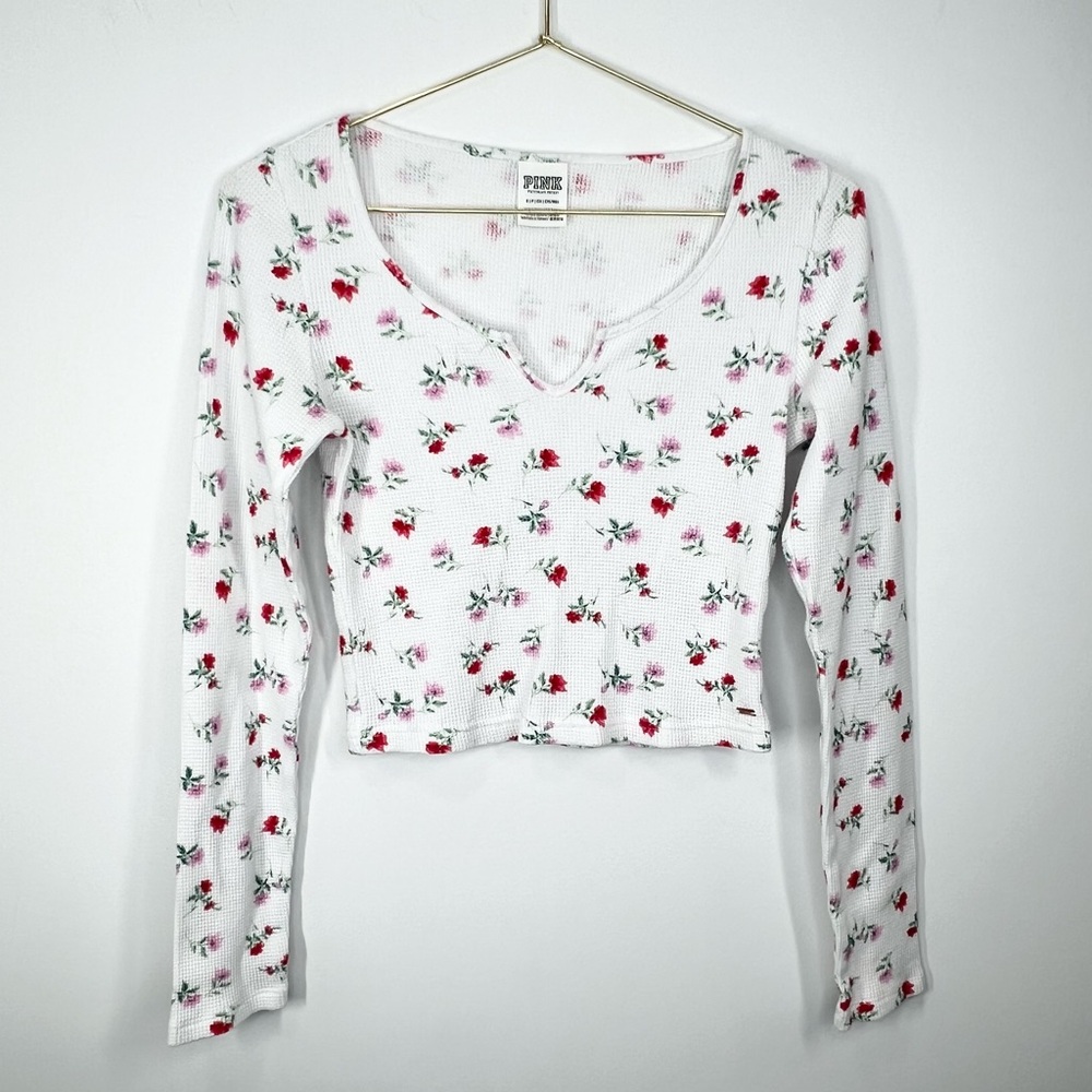 Pink Victoria’s Secret Floral Cropped Thermal Long Sleeve Shirt Small